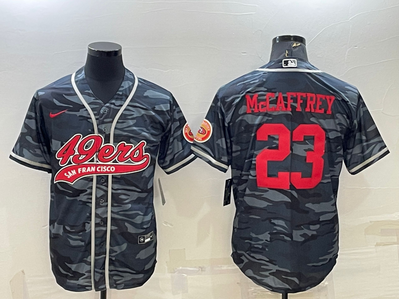 1Men's San Francisco 49ers #23 Christian McCaffrey Grey Camo With Patch Cool Base Stitched Baseball Jersey