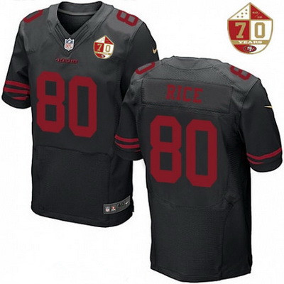 1Men's San Francisco 49ers #80 Jerry Rice Black Color Rush 70th Anniversary Patch Stitched NFL Nike Elite Jersey