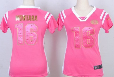 1Nike San Francisco 49ers #16 Joe Montana Drilling Sequins Pink Womens Jersey
