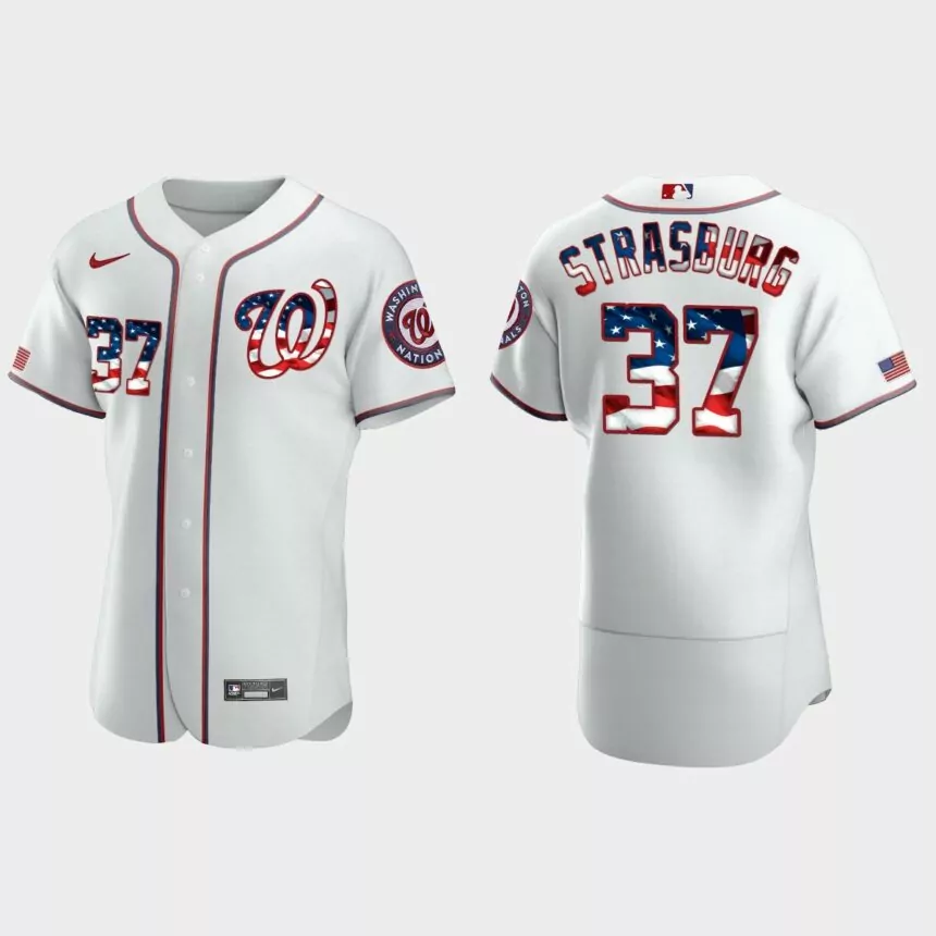2020 Stars & Stripes Washington Nationals Stephen Strasburg 4th of July Jersey – White