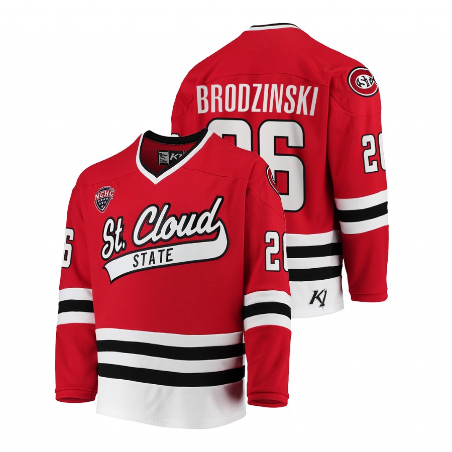 2021 22 st. cloud state huskies easton brodzinski red college hockey away jersey