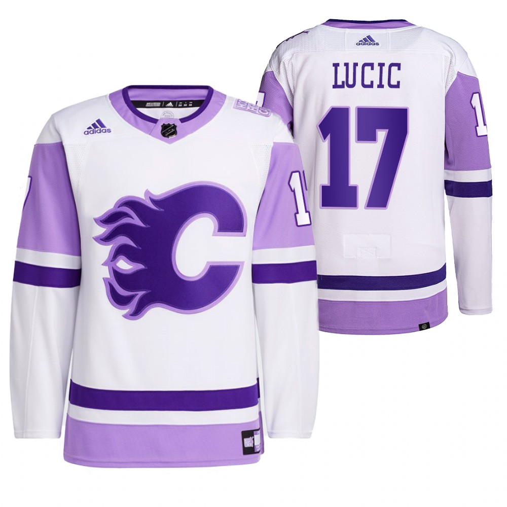 2021 HockeyFightsCancer Calgary Flames Milan Lucic White Jersey Primegreen