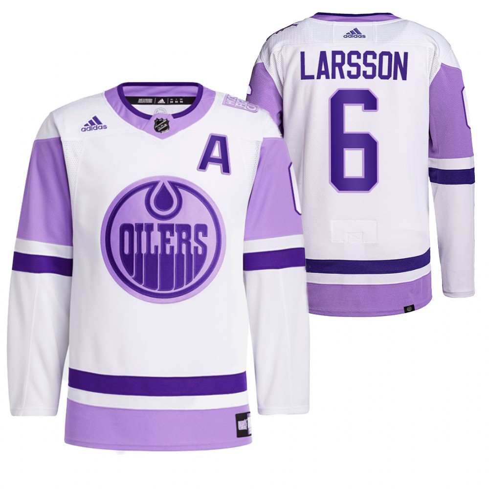 2021 HockeyFightsCancer Edmonton Oilers Adam Larsson White Jersey Primegreen