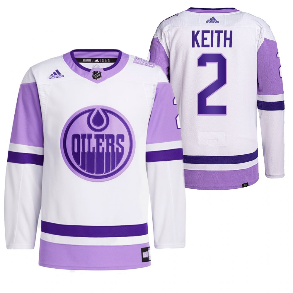 2021 HockeyFightsCancer Edmonton Oilers Duncan Keith White Jersey Primegreen