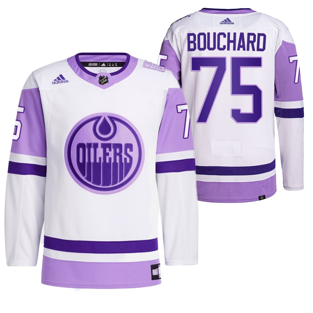 2021 HockeyFightsCancer Edmonton Oilers Evan Bouchard White Jersey Primegreen