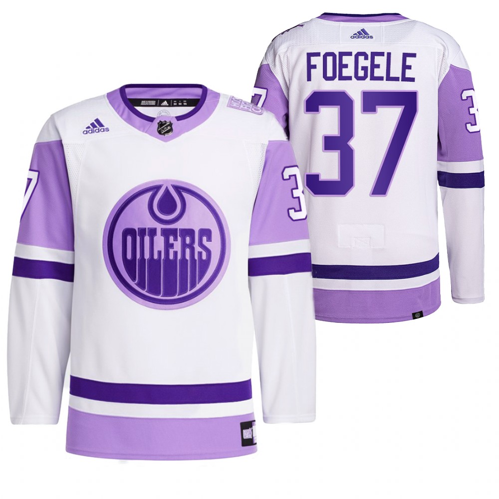 2021 HockeyFightsCancer Edmonton Oilers Warren Foegele White Jersey Primegreen