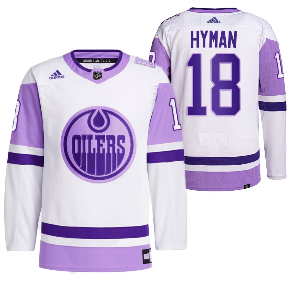 2021 HockeyFightsCancer Edmonton Oilers Zach Hyman White Jersey Primegreen
