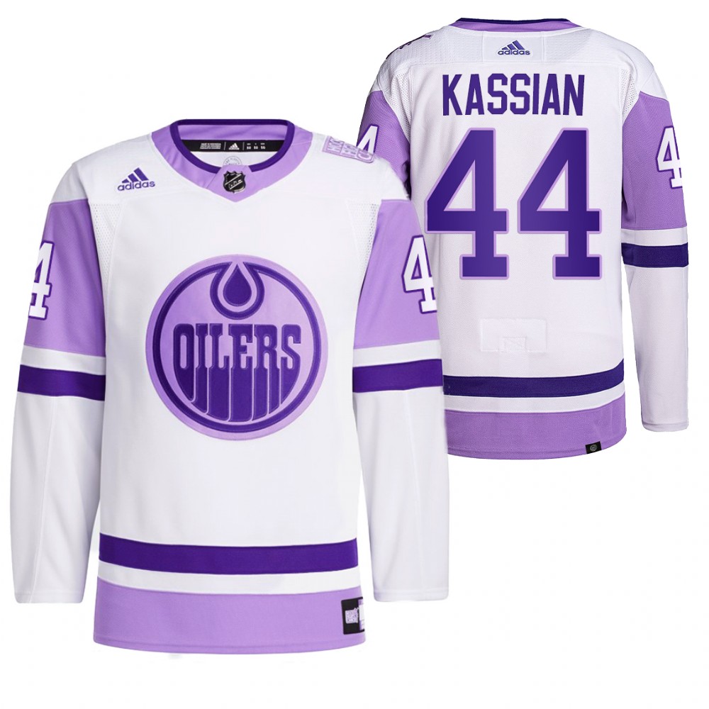 2021 HockeyFightsCancer Edmonton Oilers Zack Kassian White Jersey Primegreen