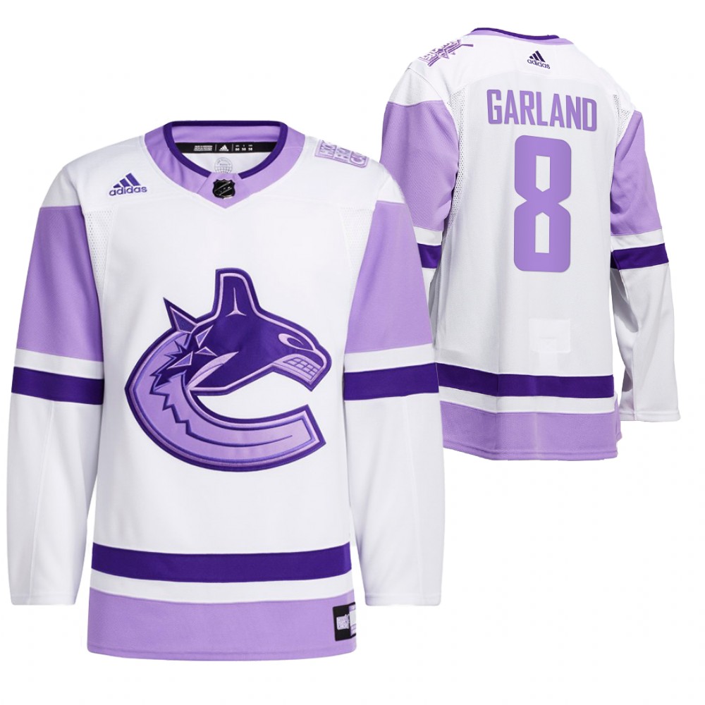 2021 HockeyFightsCancer Vancouver Canucks Conor Garland White Jersey Special warm-up