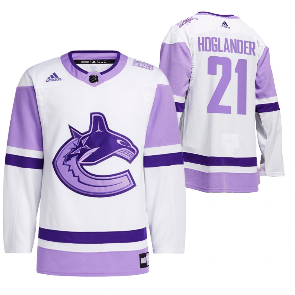 2021 HockeyFightsCancer Vancouver Canucks Nils Hoglander White Jersey Special warm-up