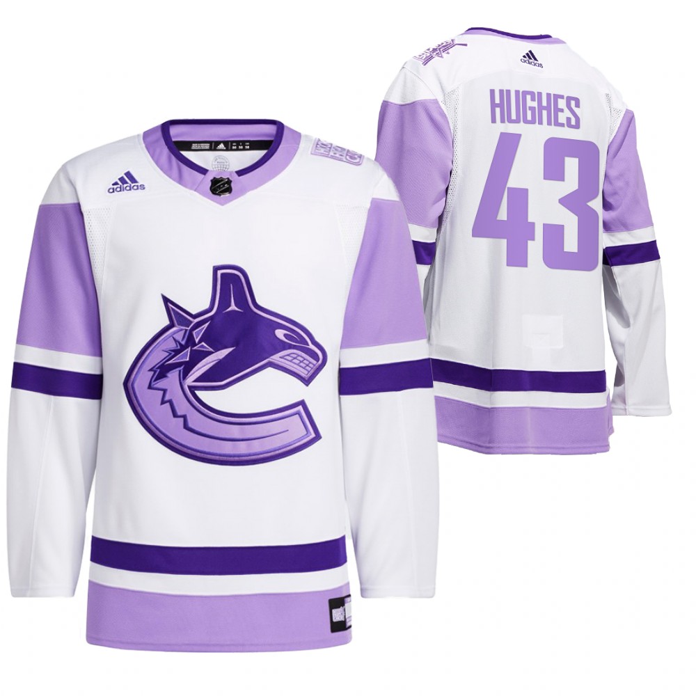 2021 HockeyFightsCancer Vancouver Canucks Quinn Hughes White Jersey Special warm-up