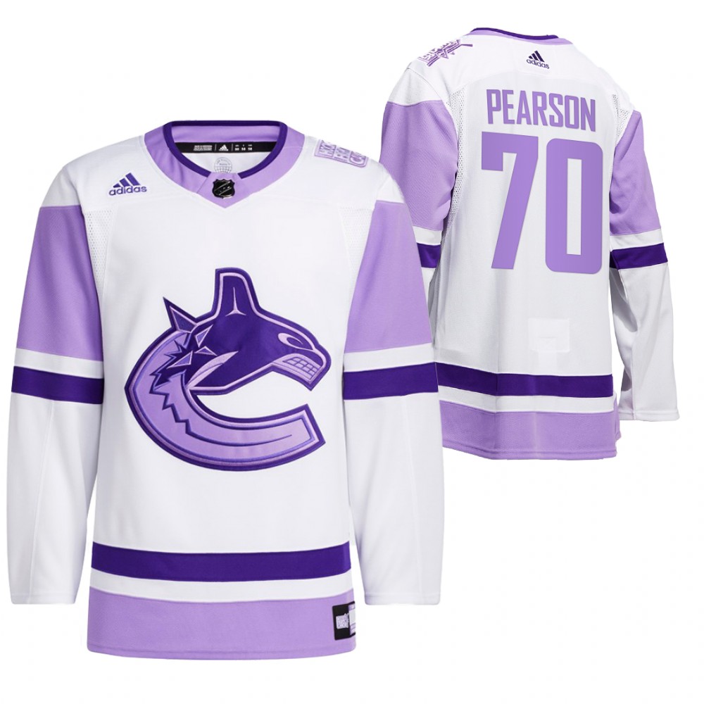 2021 HockeyFightsCancer Vancouver Canucks Tanner Pearson White Jersey Special warm-up