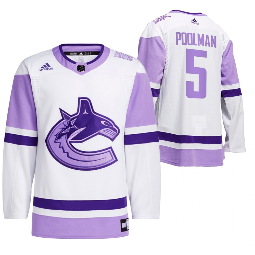 2021 HockeyFightsCancer Vancouver Canucks Tucker Poolman White Jersey Special warm-up