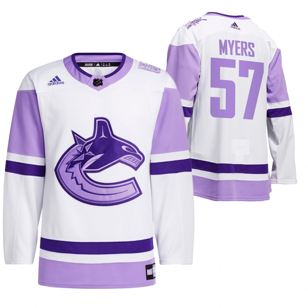 2021 HockeyFightsCancer Vancouver Canucks Tyler Myers White Jersey Special warm-up