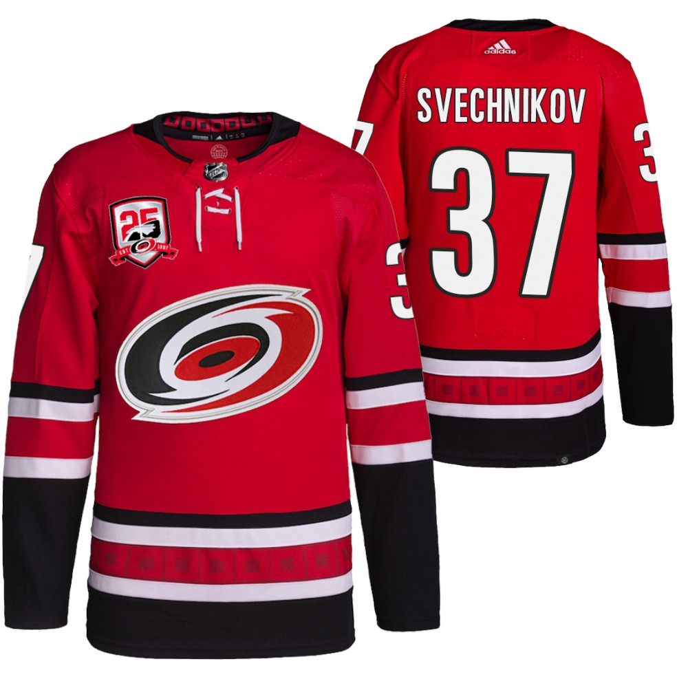 2022-23 Carolina Hurricanes Andrei Svechnikov Red 25th Anniversary Logo Home Jersey