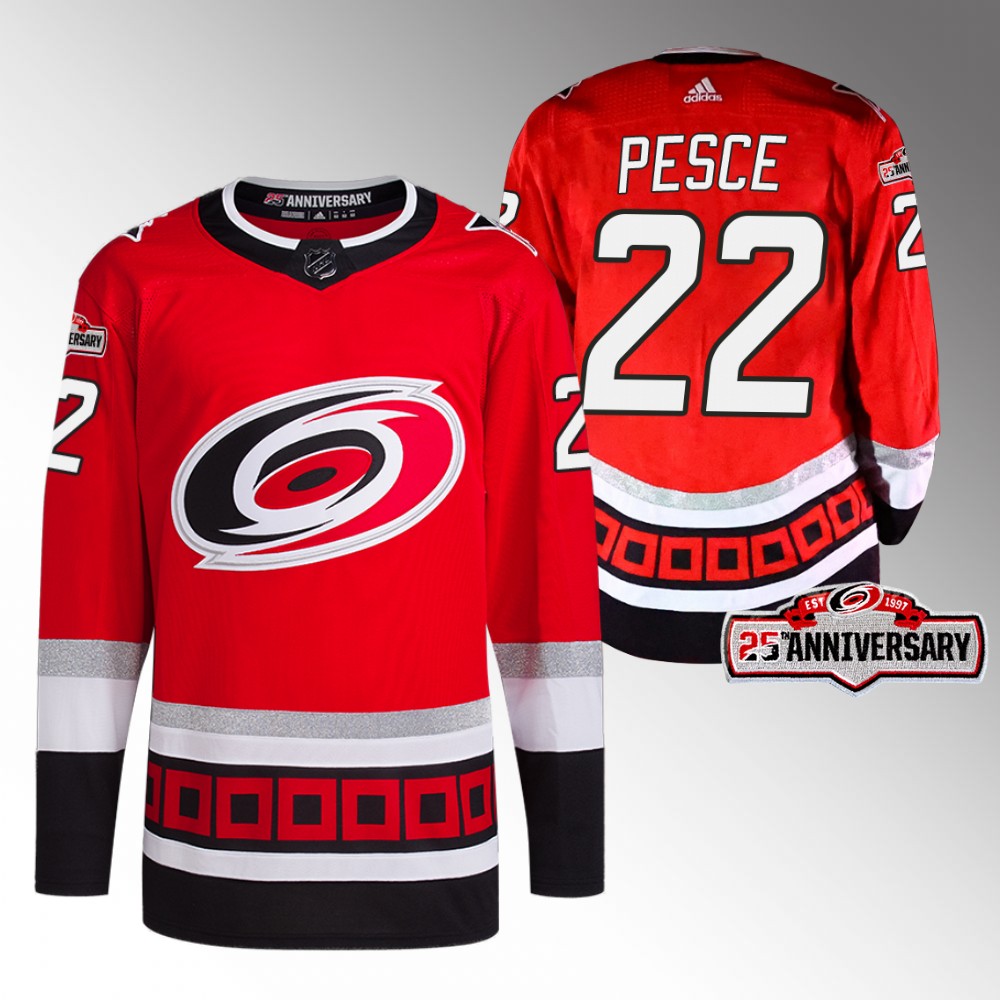 2022-23 Carolina Hurricanes Brett Pesce Red Third 25th Anniversary Jersey