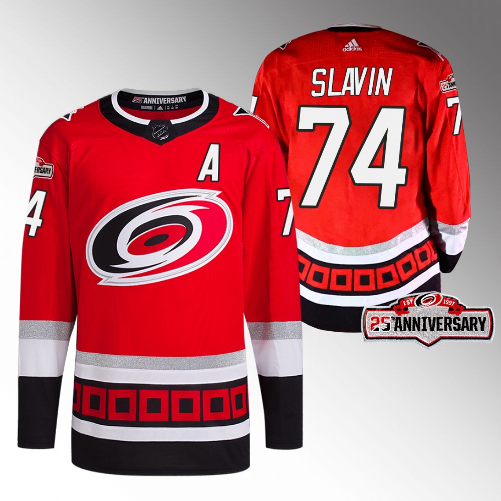 2022-23 Carolina Hurricanes Jaccob Slavin Red Third 25th Anniversary Jersey