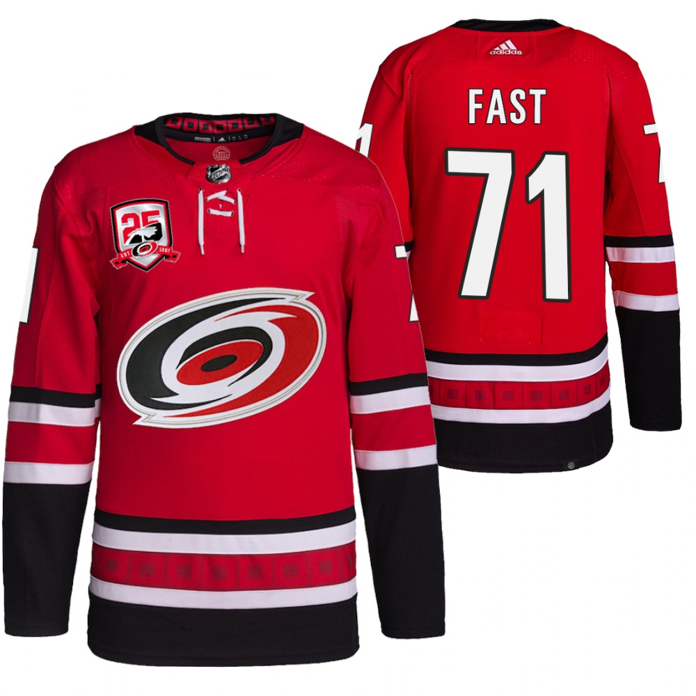 2022-23 Carolina Hurricanes Jesper Fast Red 25th Anniversary Logo Home Jersey