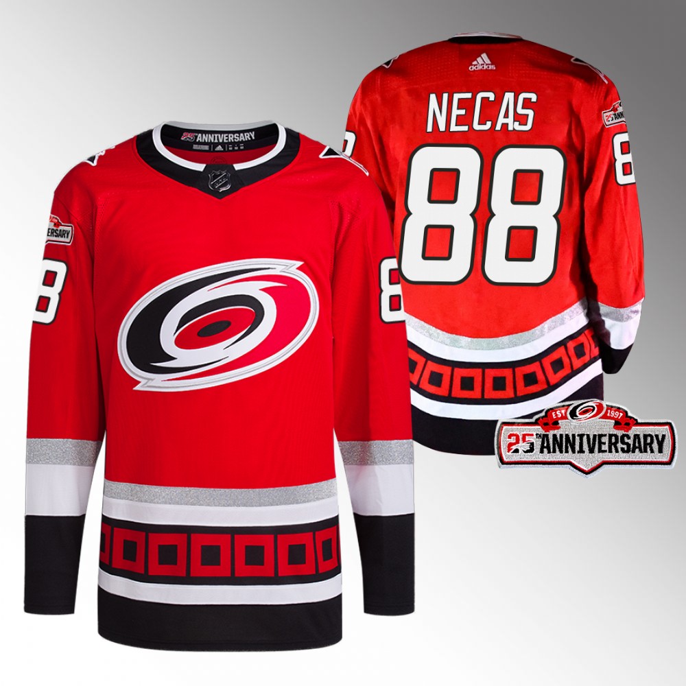 2022-23 Carolina Hurricanes Martin Necas Red Third 25th Anniversary Jersey