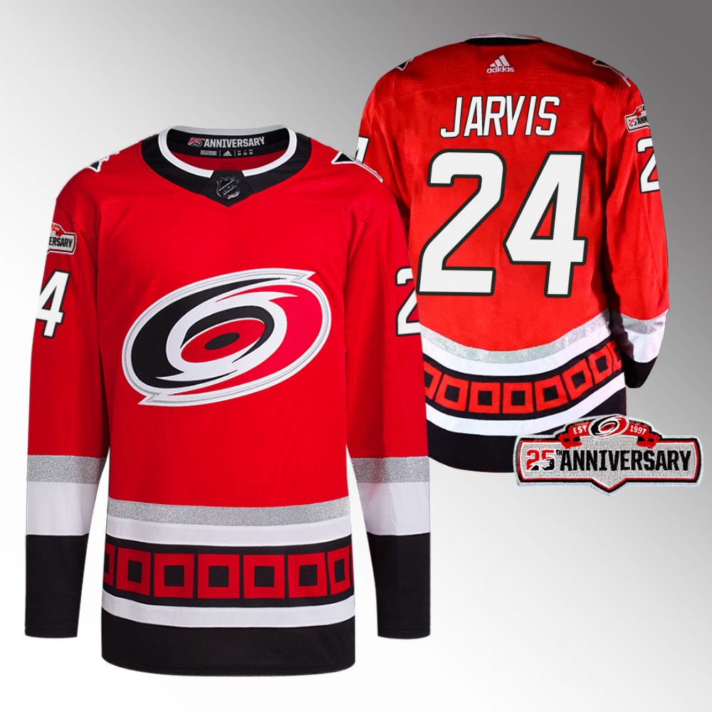 2022-23 Carolina Hurricanes Seth Jarvis Red Third 25th Anniversary Jersey