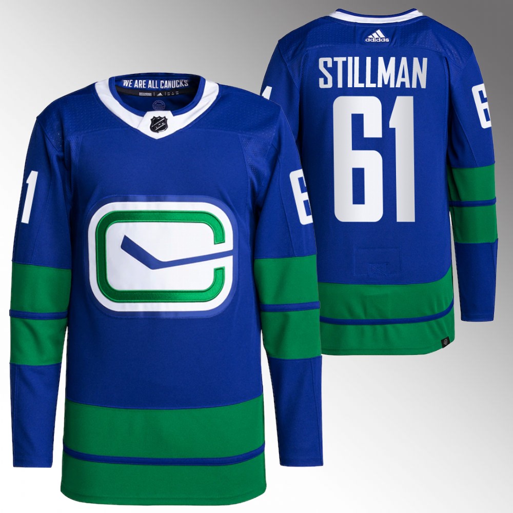 2022-23 Vancouver Canucks Riley Stillman Blue Primegreen Alternate Jersey