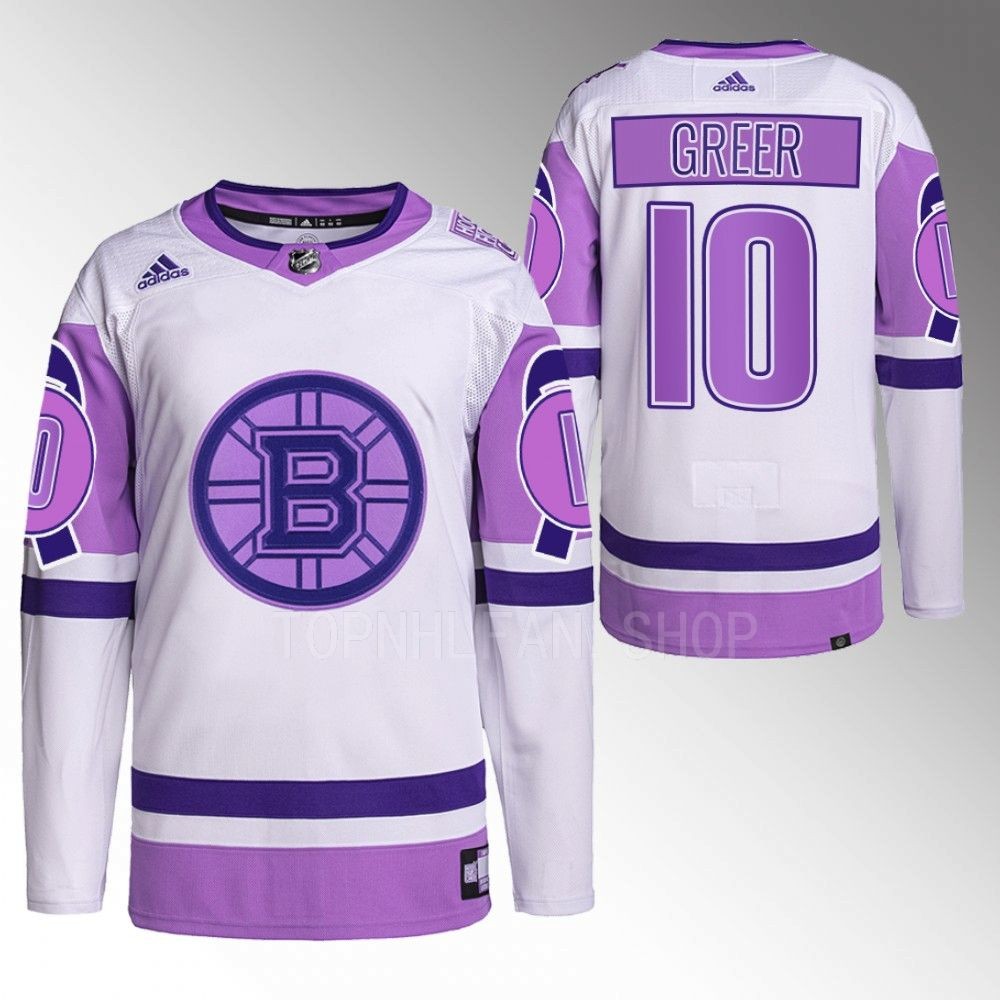 2022 Boston Bruins A.J. Greer Hockey Fights Cancer White Purple Primegreen Jersey Stitched