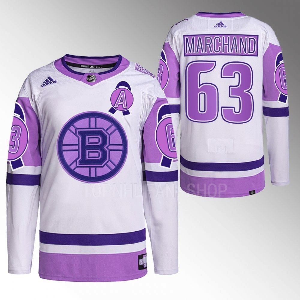 2022 Boston Bruins Brad Marchand Hockey Fights Cancer White Purple Primegreen Jersey Stitched、