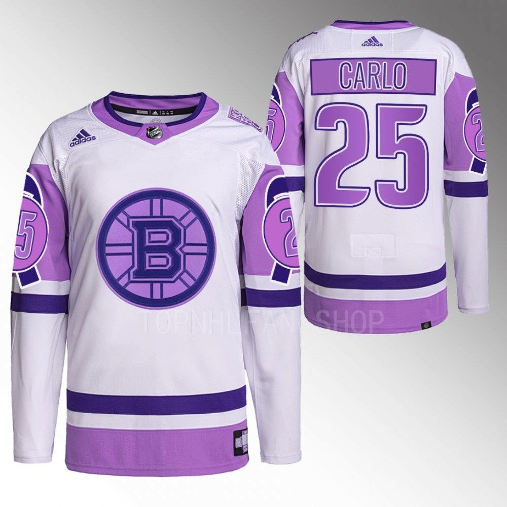 2022 Boston Bruins Brandon Carlo Hockey Fights Cancer White Purple Primegreen Jersey Stitched