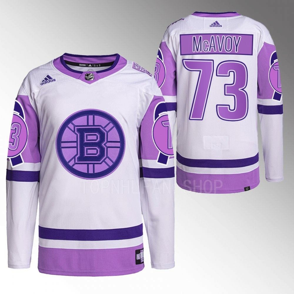 2022 Boston Bruins Charlie McAvoy Hockey Fights Cancer White Purple Primegreen Jersey Stitched