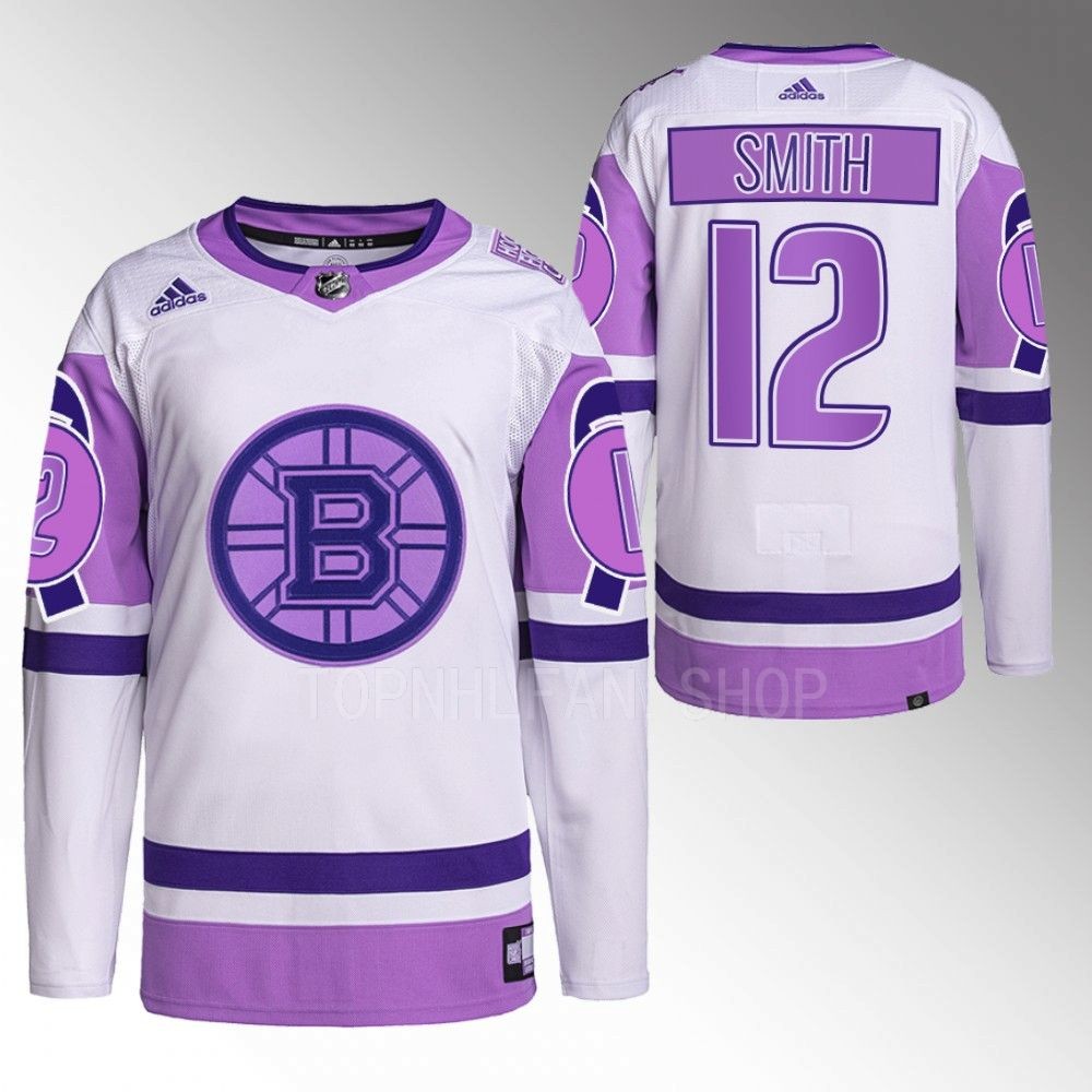 2022 Boston Bruins Craig Smith Hockey Fights Cancer White Purple Primegreen Jersey Stitched