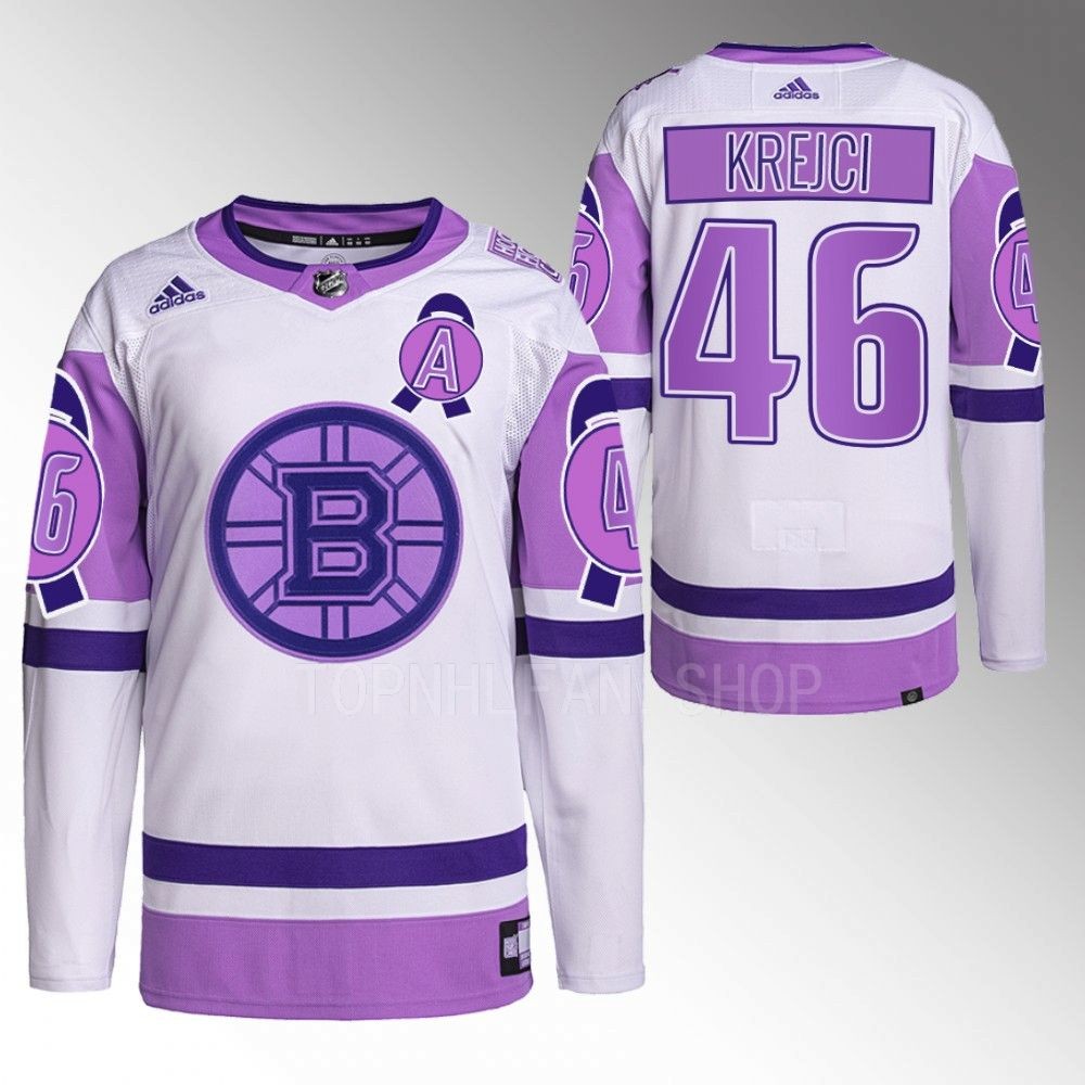 2022 Boston Bruins David Krejci Hockey Fights Cancer White Purple Primegreen Jersey Stitched