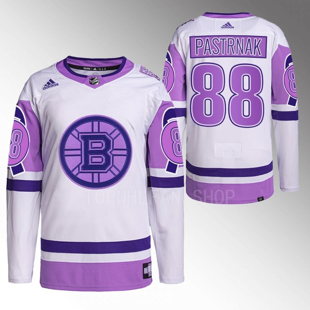 2022 Boston Bruins David Pastrnak Hockey Fights Cancer White Purple Primegreen Jersey Stitched