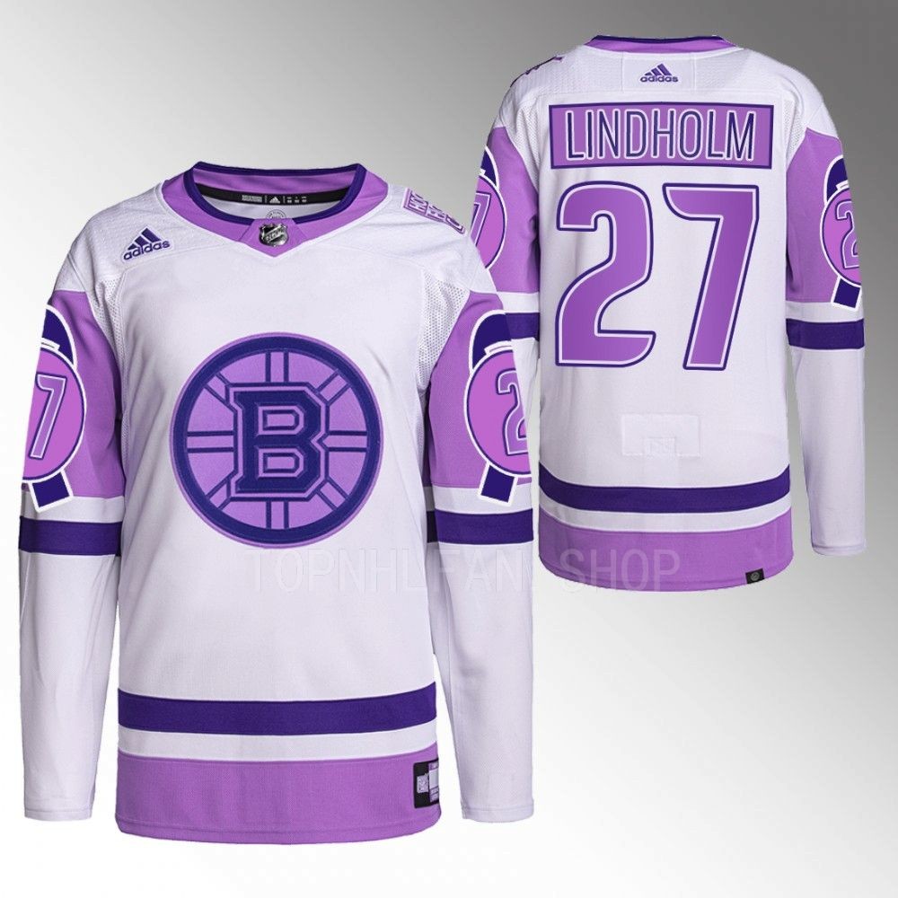 2022 Boston Bruins Hampus Lindholm Hockey Fights Cancer White Purple Primegreen Jersey Stitched