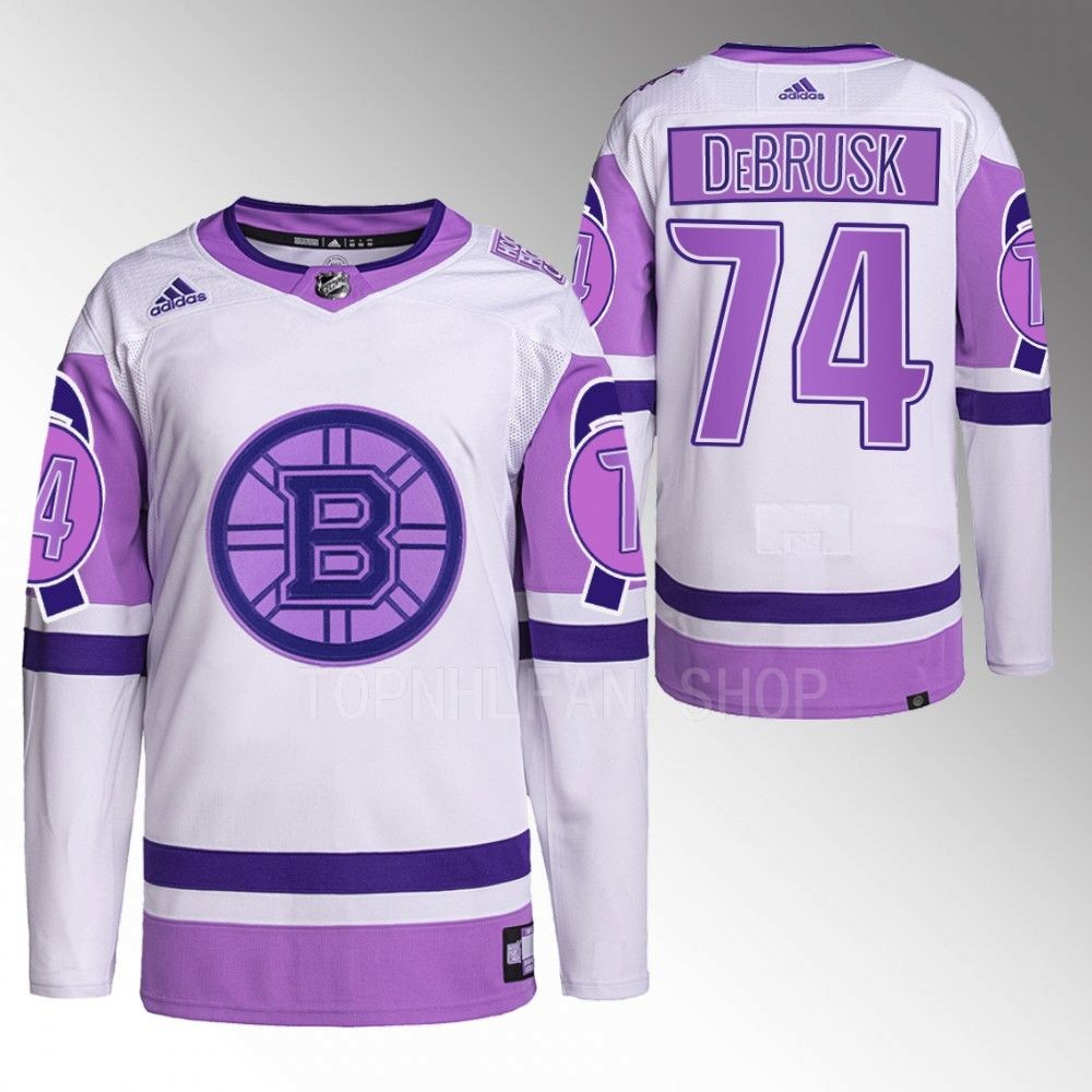 2022 Boston Bruins Jake DeBrusk Hockey Fights Cancer White Purple Primegreen Jersey Stitched