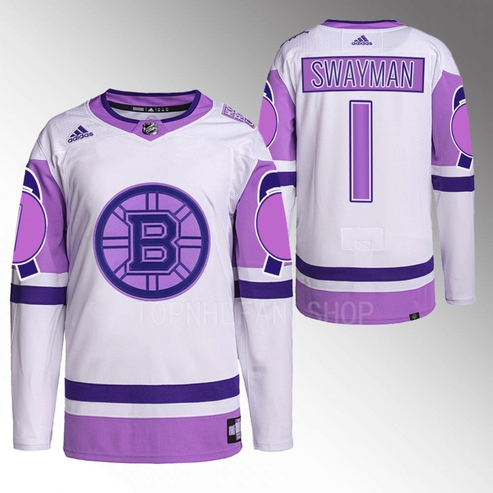2022 Boston Bruins Jeremy Swayman Hockey Fights Cancer White Purple Primegreen Jersey Stitched