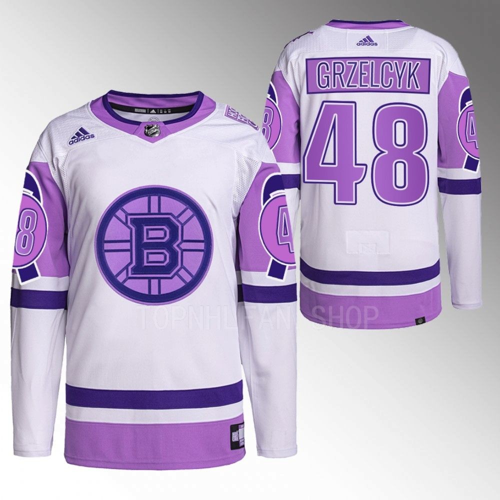 2022 Boston Bruins Matt Grzelcyk Hockey Fights Cancer White Purple Primegreen Jersey Stitched
