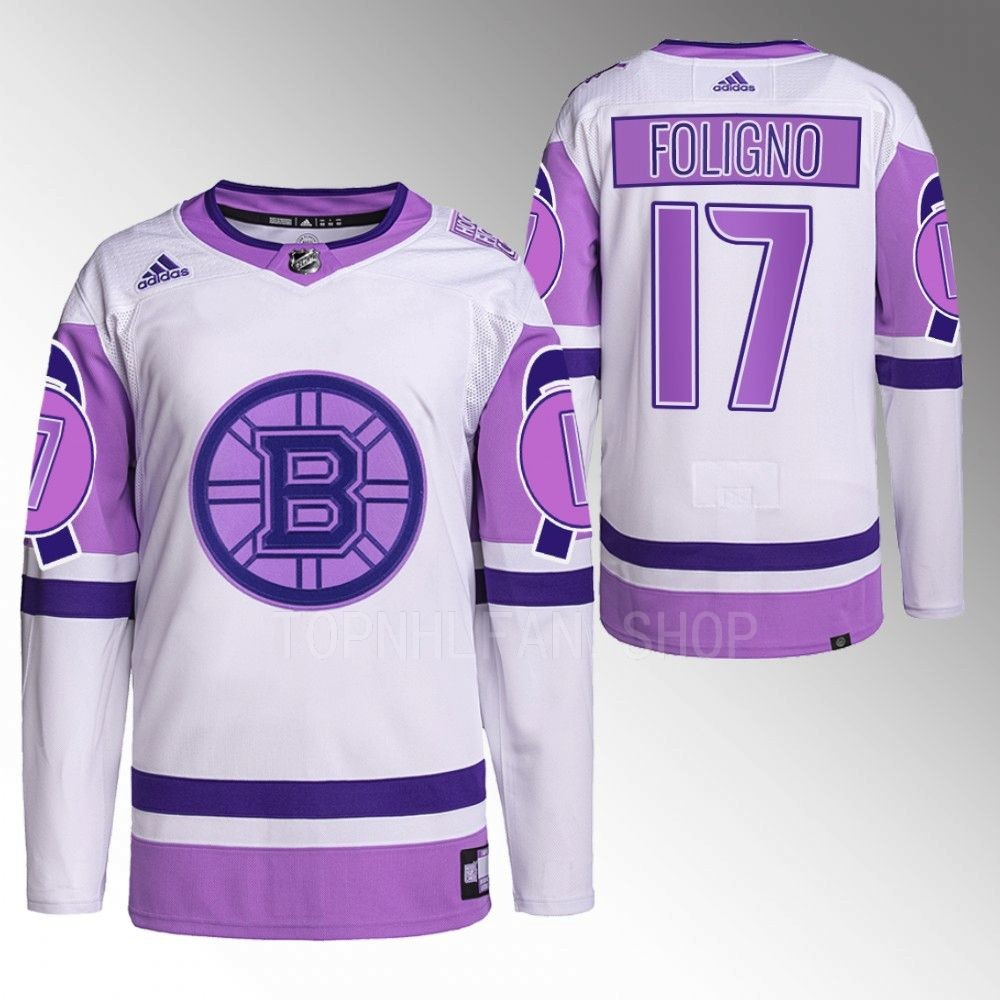 2022 Boston Bruins Nick Foligno Hockey Fights Cancer White Purple Primegreen Jersey Stitched
