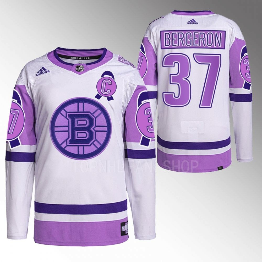 2022 Boston Bruins Patrice Bergeron Hockey Fights Cancer White Purple Primegreen Jersey Stitched