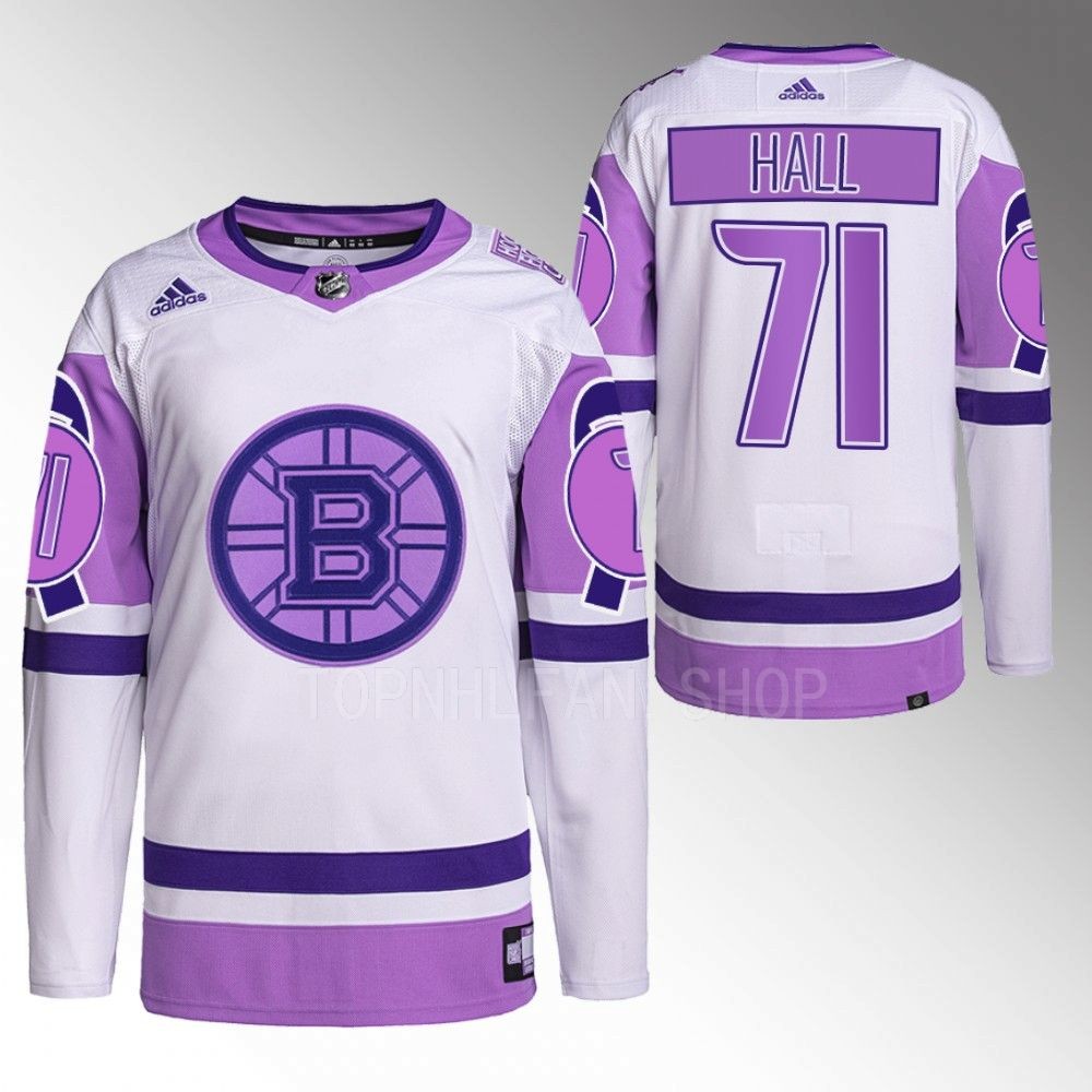 2022 Boston Bruins Taylor Hall Hockey Fights Cancer White Purple Primegreen Jersey Stitched