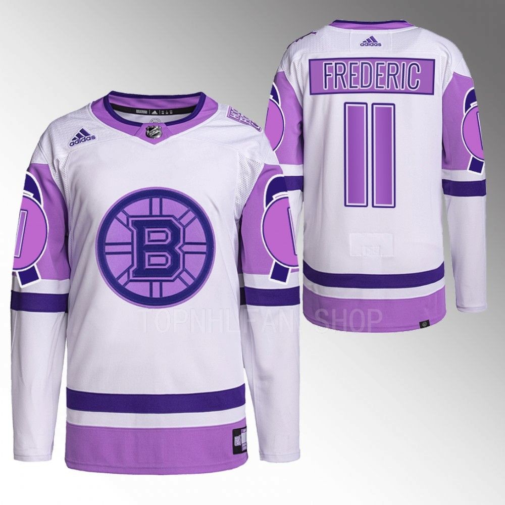 2022 Boston Bruins Trent Frederic Hockey Fights Cancer White Purple Primegreen Jersey Stitched