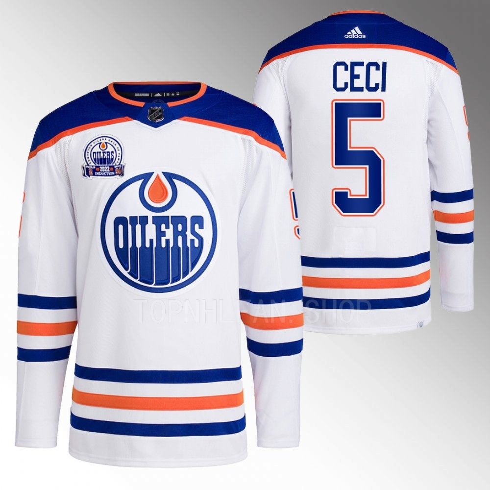 2022 Edmonton Oilers Cody Ceci White Lee Ryan Hall of Fame patch Away Jersey