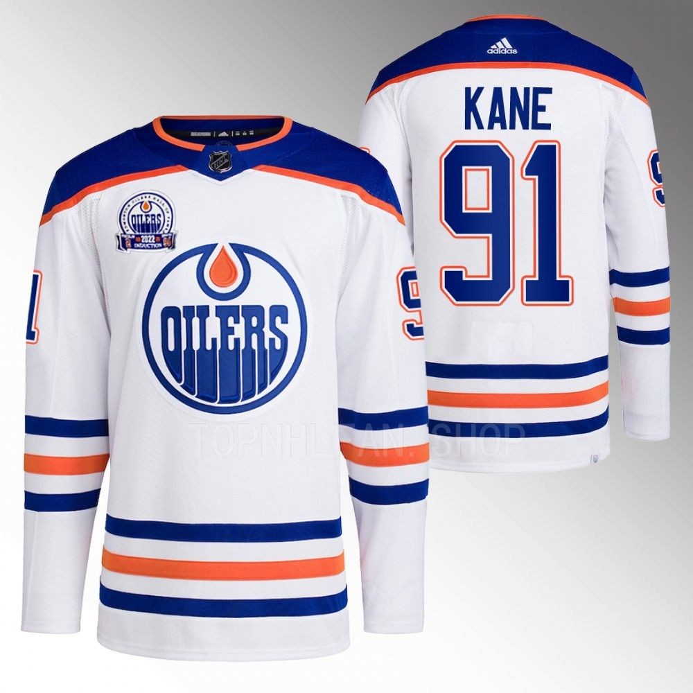 2022 Edmonton Oilers Evander Kane White Lee Ryan Hall of Fame patch Away Jersey