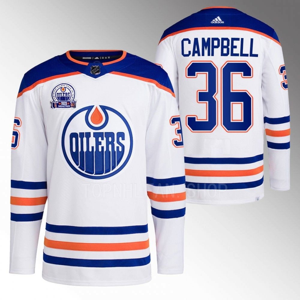 2022 Edmonton Oilers Jack Campbell White Lee Ryan Hall of Fame patch Away Jersey