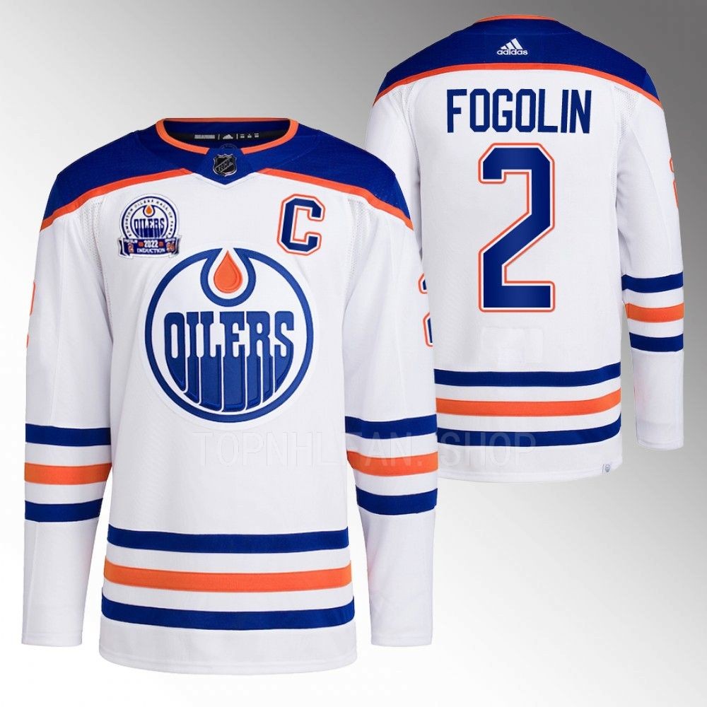 2022 Edmonton Oilers Lee Fogolin White Hall of Fame patch Away Jersey