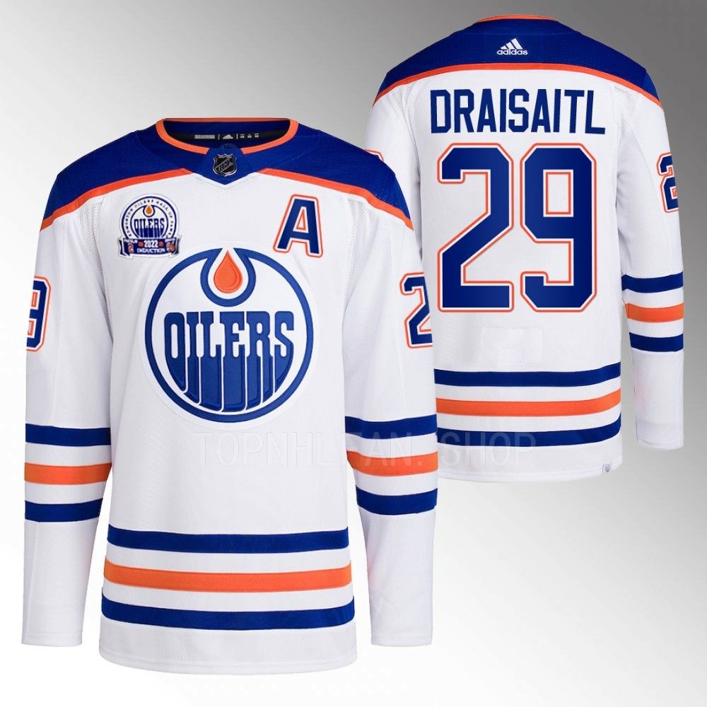 2022 Edmonton Oilers Leon Draisaitl White Lee Ryan Hall of Fame patch Away Jersey