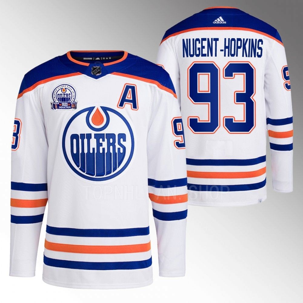 2022 Edmonton Oilers Ryan Nugent-Hopkins White Lee Ryan Hall of Fame patch Away Jersey