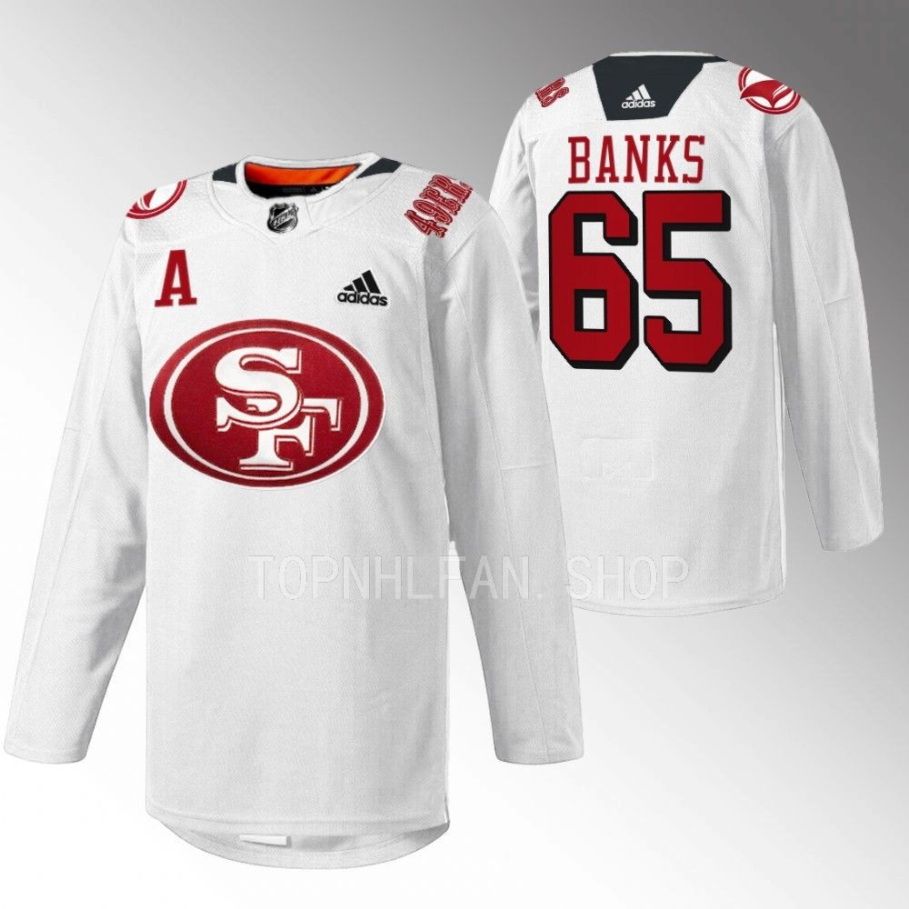 2022 San Jose Sharks Aaron Banks 49er Mash-Up White Specialty Warm-Up Jersey