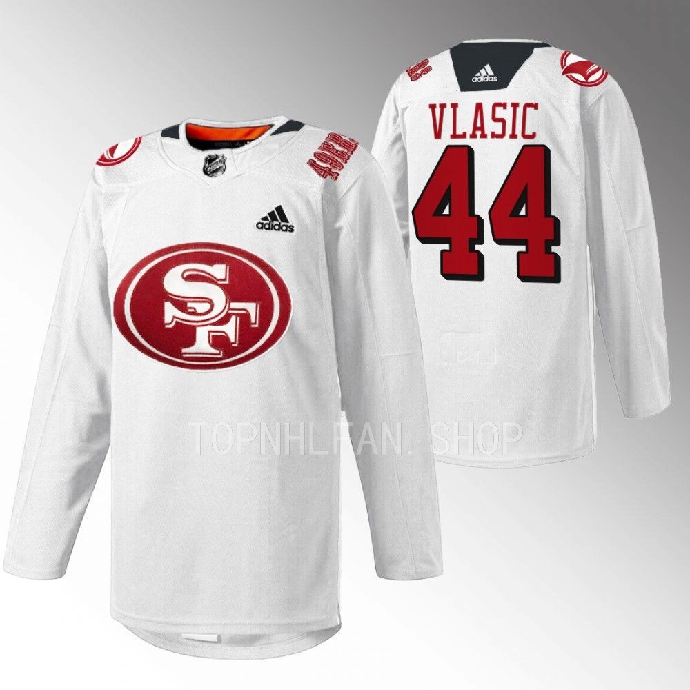 2022 San Jose Sharks Marc-Edouard Vlasic 49er Mash-Up White Specialty Warm-Up Jersey
