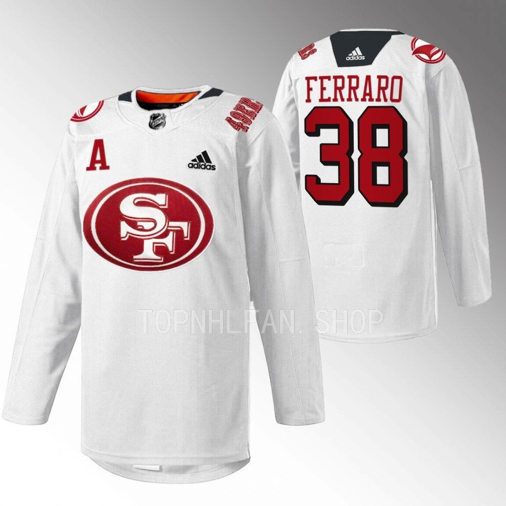 2022 San Jose Sharks Mario Ferraro 49er Mash-Up White Specialty Warm-Up Jersey