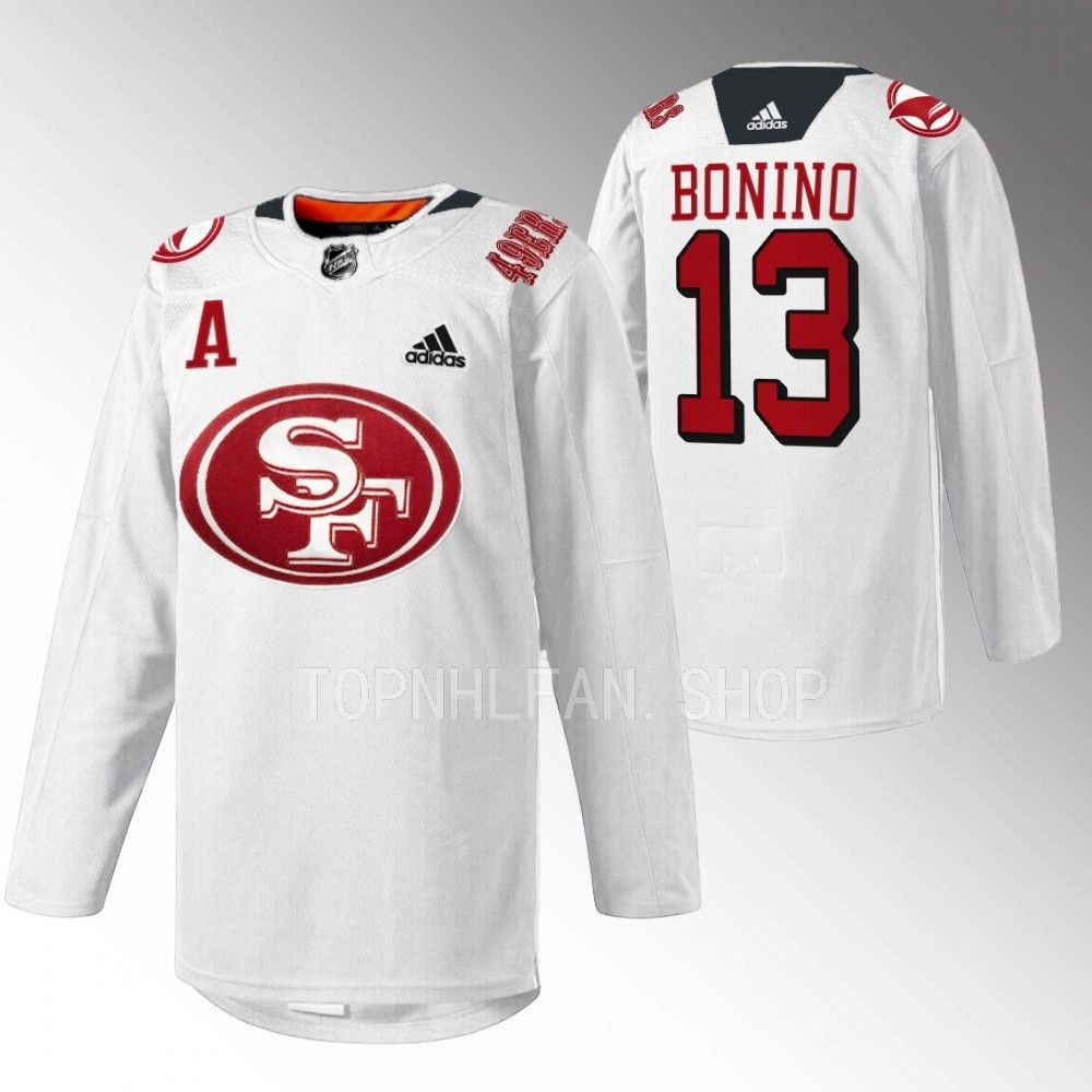 2022 San Jose Sharks Nick Bonino 49er Mash-Up White Specialty Warm-Up Jersey